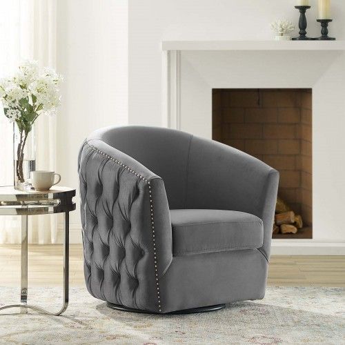 Vintage Grey Velvet Swivel Lounge Chair Glen