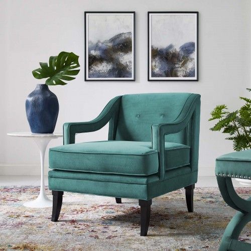 Mid-century Modern Teal Blue Velvet Lounge Chair Clover