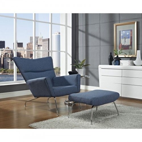 Modern blue tweed fabric lounge chair and ottoman Classico